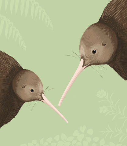 Closeup image of the Kiwi pair art print, by NZ artist Hansby Design