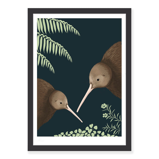 Kiwi pair art print in black frame, by NZ artist Hansby Design