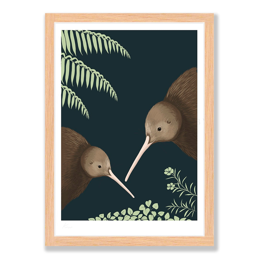 Kiwi pair art print in natural frame, by NZ artist Hansby Design