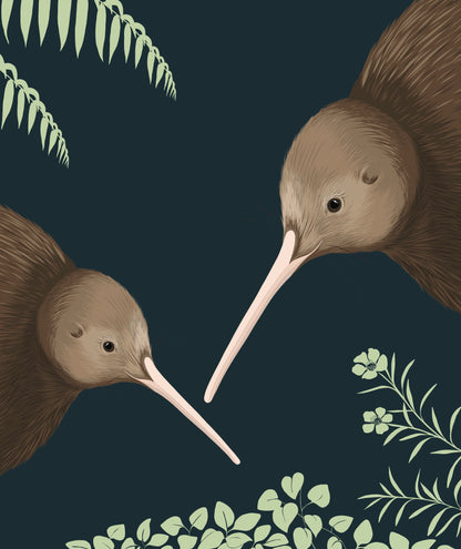 Closeup image of the Kiwi pair art print, by NZ artist Hansby Design