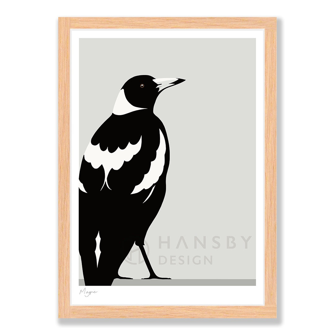 Magpie bird art print in natural frame, by NZ artist Hansby Design