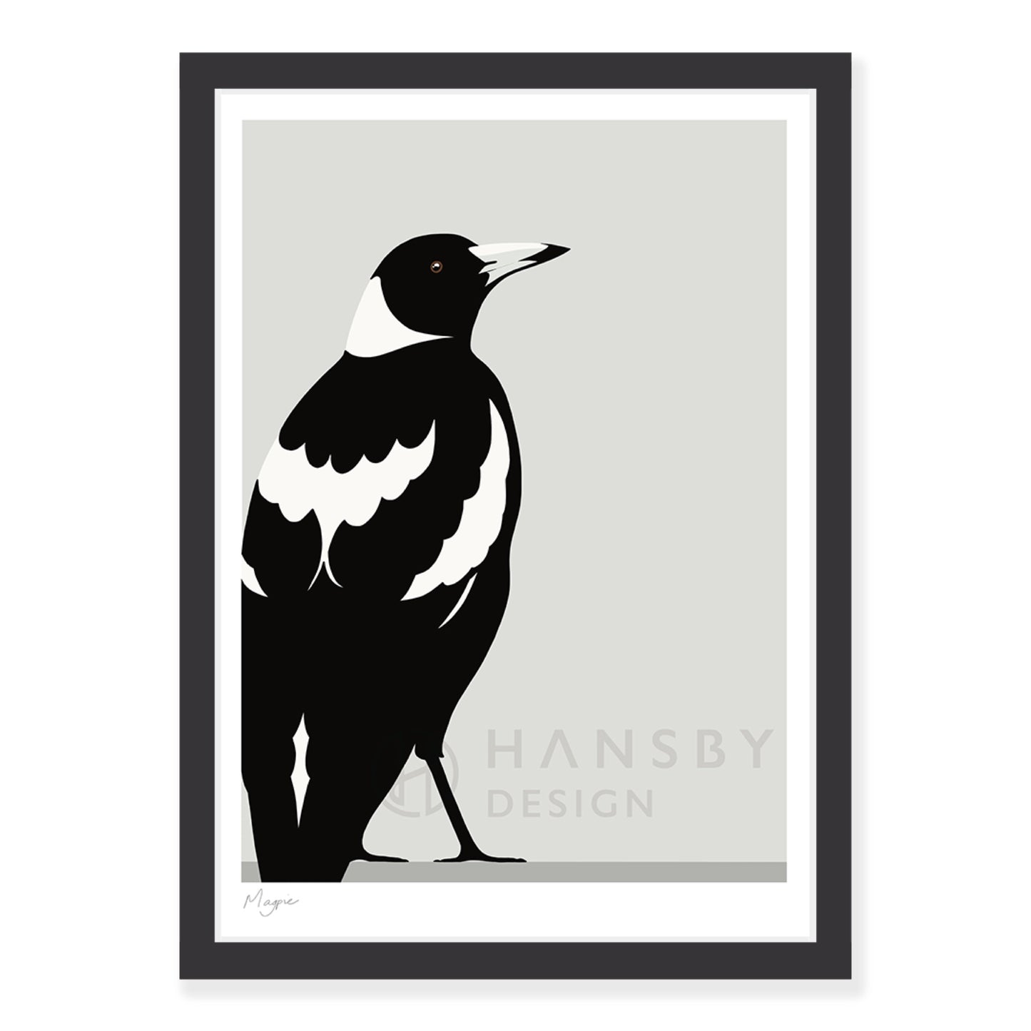 Magpie bird art print in black frame, by NZ artist Hansby Design