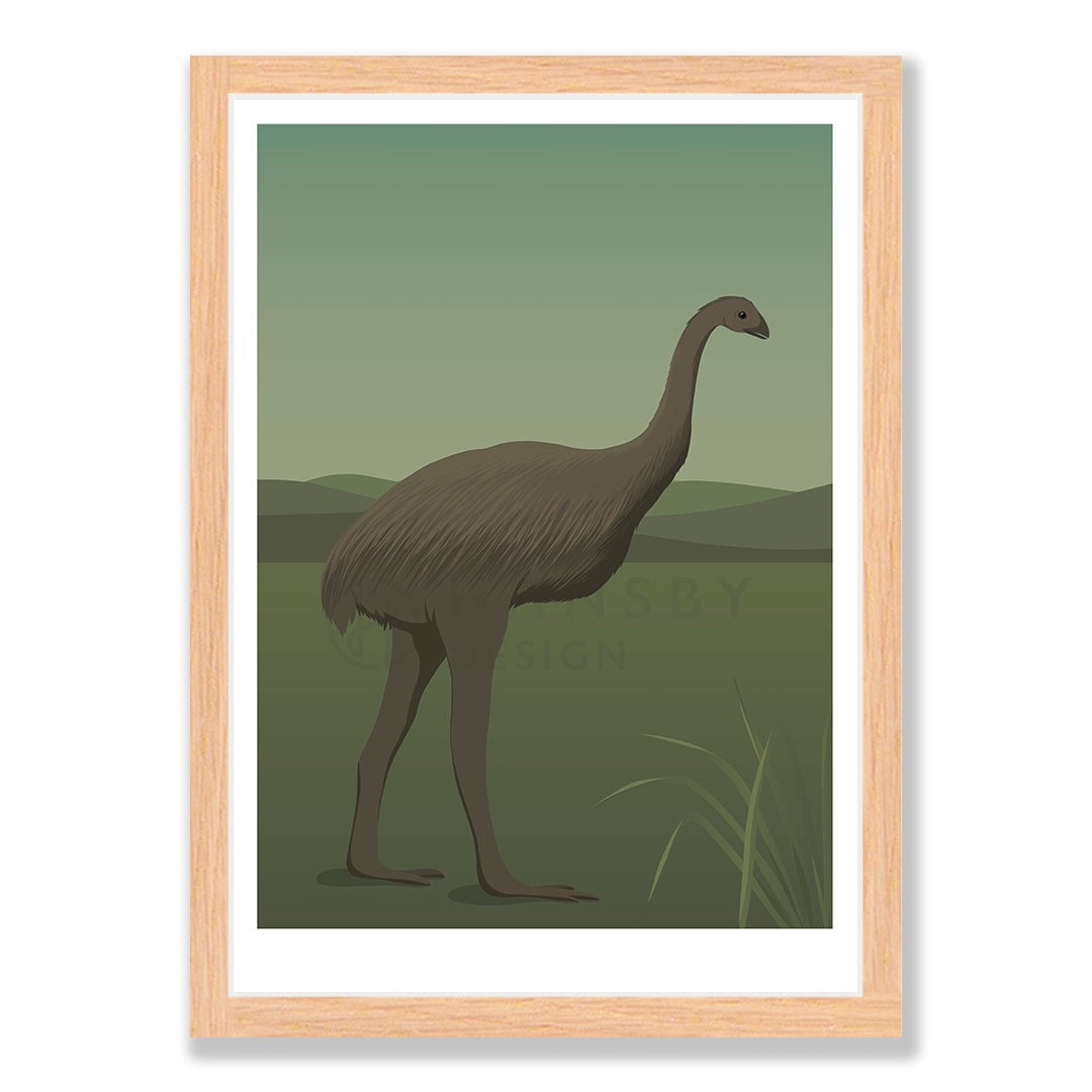 Moa bird art print in natural frame, by NZ artist Hansby Design