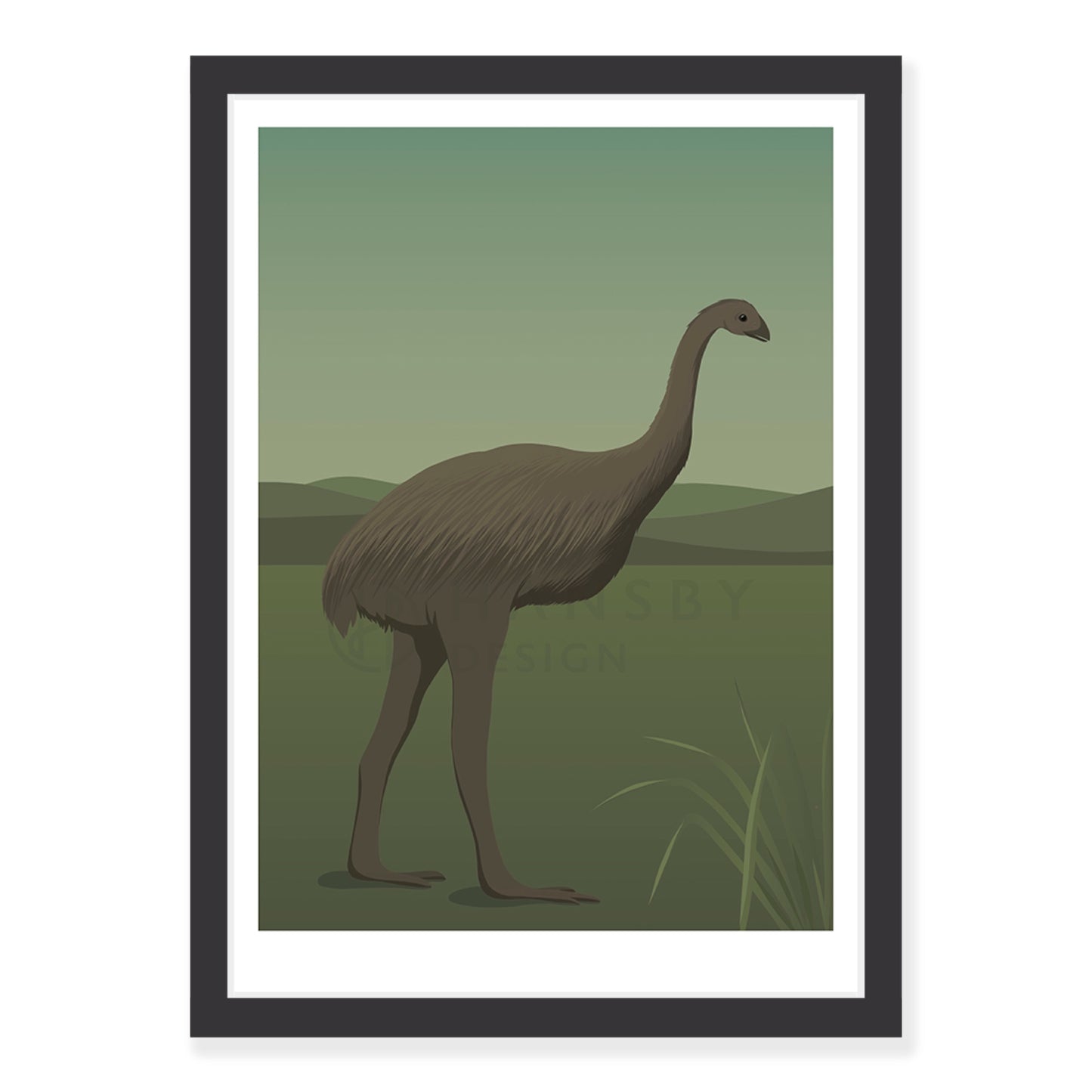 Moa bird art print in black frame, by NZ artist Hansby Design