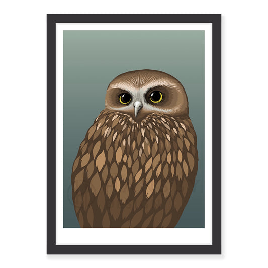 Morepork dusk art print in black frame, by NZ artist Hansby Design