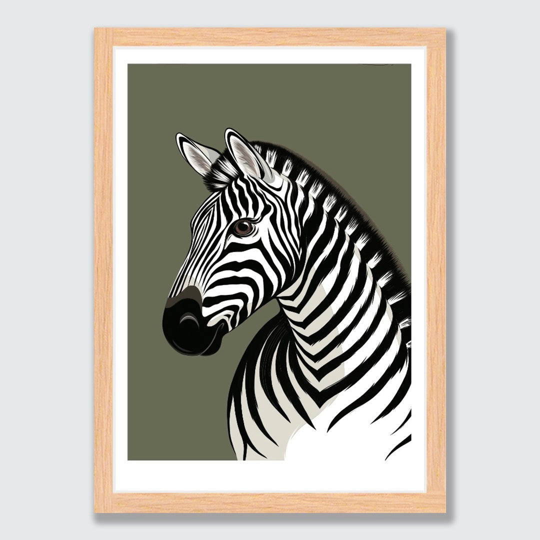 Natural framed Zebra art print by NZ artist Hansby Design