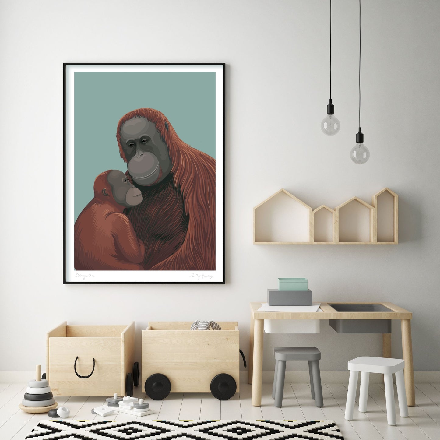 Framed Orangutan art print in kids room by Hansby Design