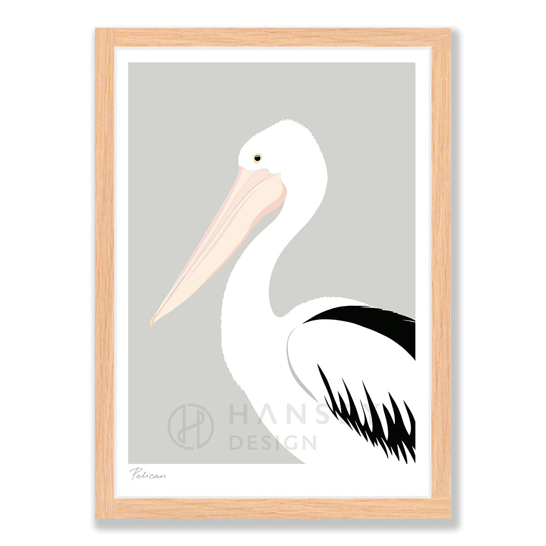 Australian Pelican art print in natural frame, by NZ artist Hansby Design