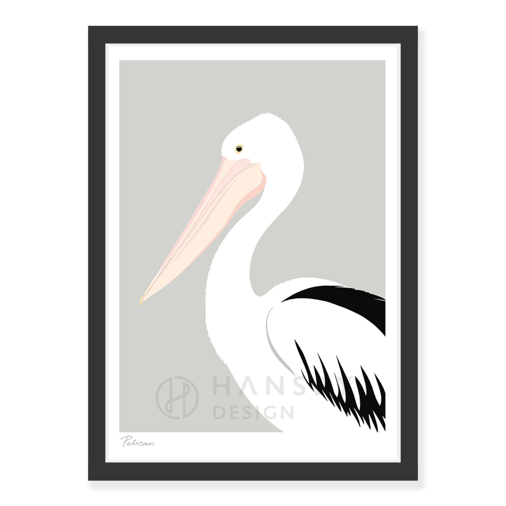 Australian Pelican art print in black frame, by NZ artist Hansby Design