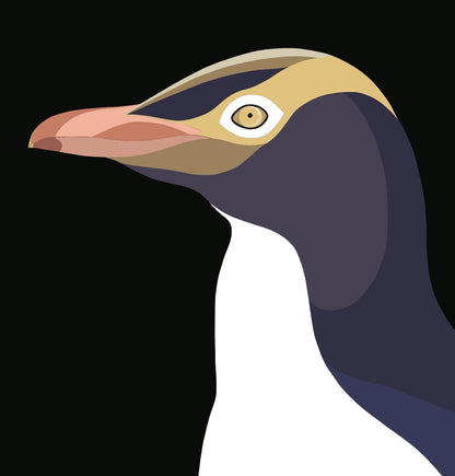 Closeup image of the Yellow Eyed Penguin art print, by NZ artist Hansby Design