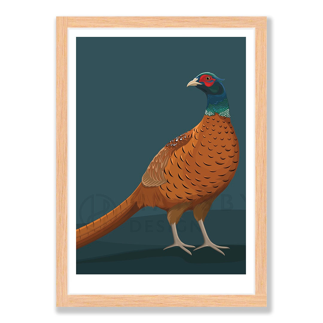 Pheasant art print in natural frame, by NZ artist Hansby Design