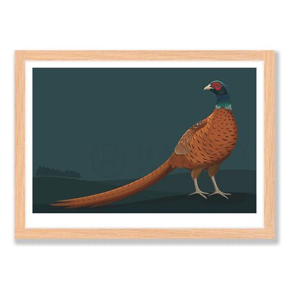 Limited Edition Pheasant art print in natural frame, by NZ artist Hansby Design