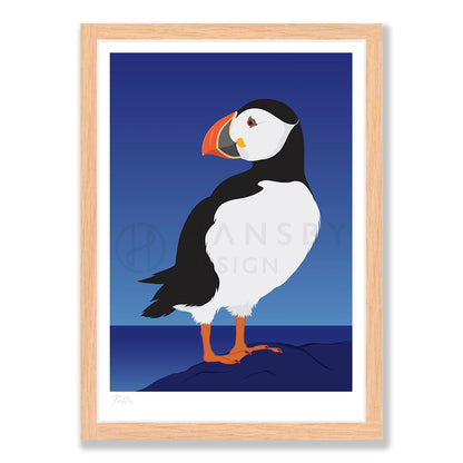 Puffin bird art print in natural frame, by NZ artist Hansby Design