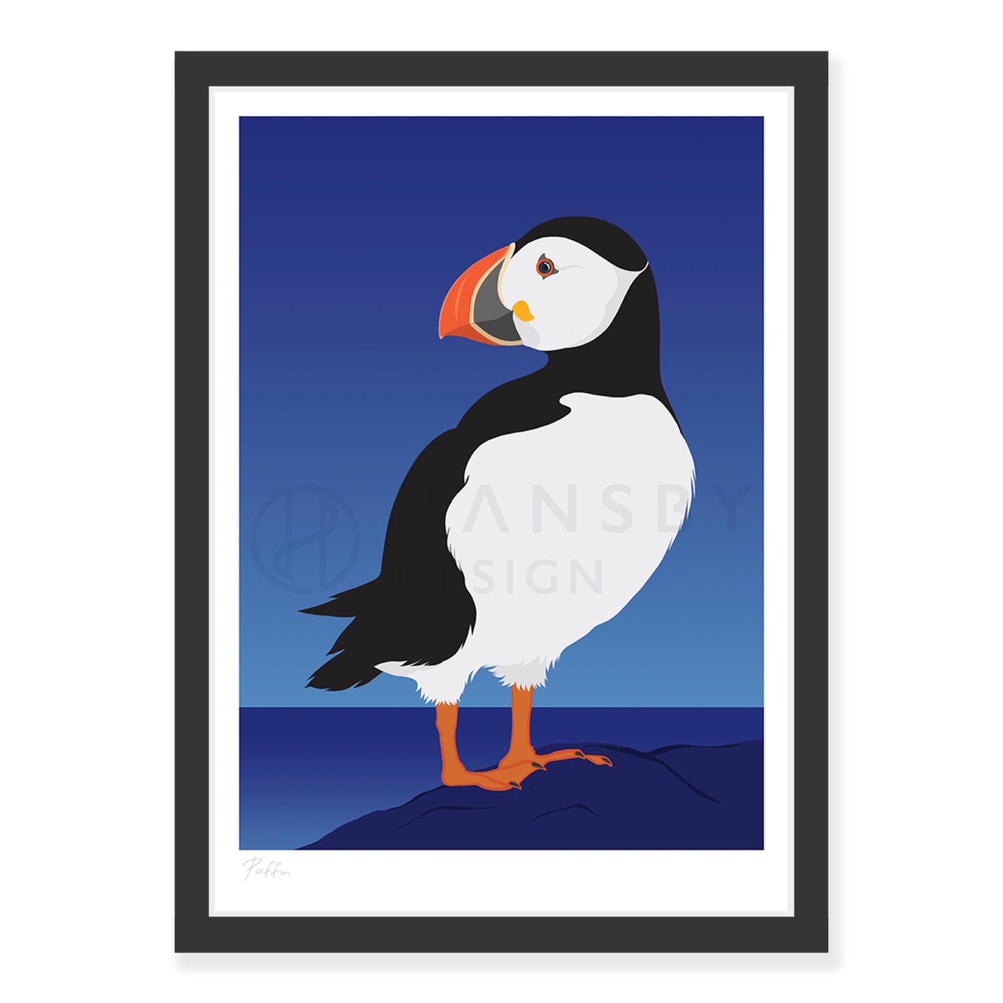 Puffin bird art print in black frame, by NZ artist Hansby Design