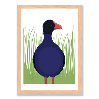 Pukeko bird art print in natural frame, by NZ artist Hansby Design