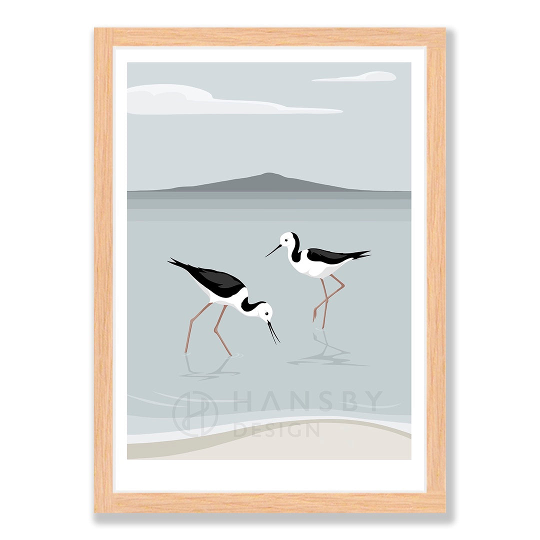 Rangitoto Stilts art print in natural frame, by NZ artist Hansby Design