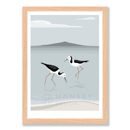 Rangitoto Stilts art print in natural frame, by NZ artist Hansby Design