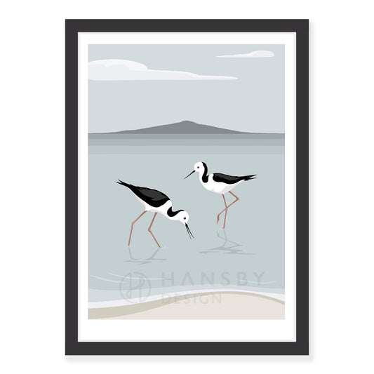 Rangitoto Stilts art print in black frame, by NZ artist Hansby Design