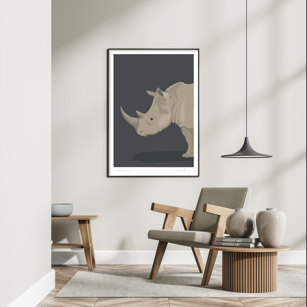 White Rhino art print in living room by NZ artist Hansby Design