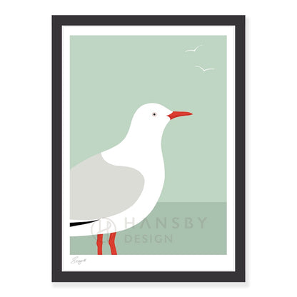 Seagull art print in black frame, by NZ artist Hansby Design