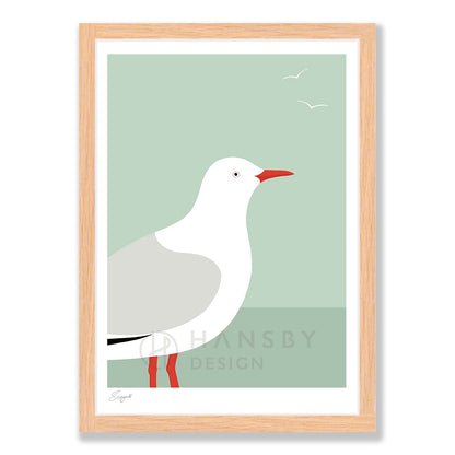 Seagull art print in natural frame, by NZ artist Hansby Design
