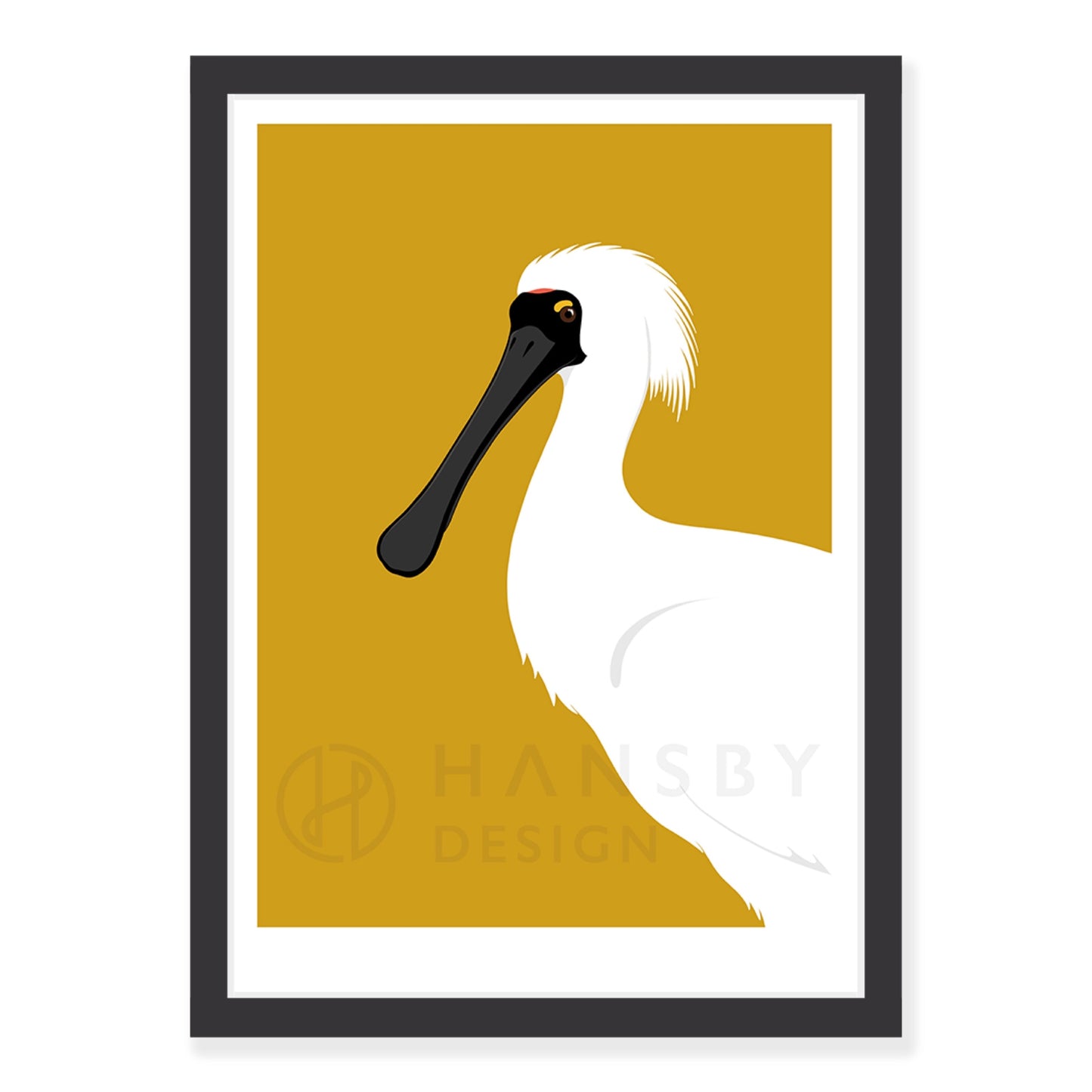 Spoonbill bird art print in black frame, by NZ artist Hansby Design