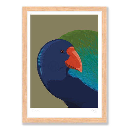 Takahe bird art print in natural frame, by NZ artist Hansby Design