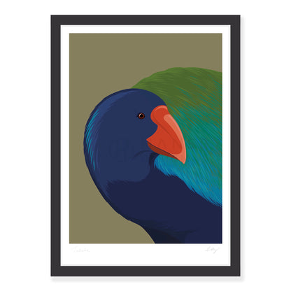Takahe bird art print in black frame, by NZ artist Hansby Design