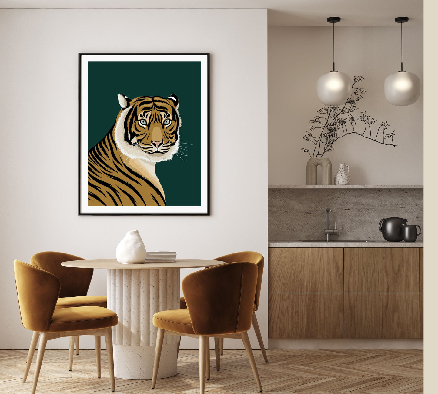 Framed tiger art print by NZ artist Hansby Design 
