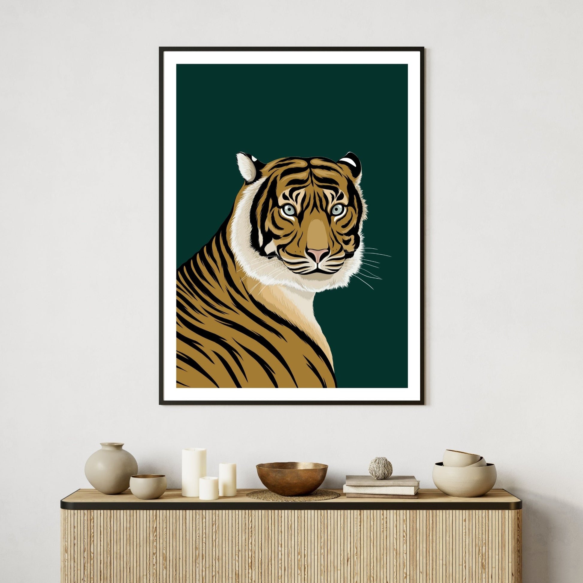 Framed tiger wall art by New Zealand artist Hansby Design