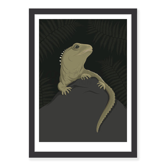 Tuatara art print in black frame, by NZ artist Hansby Design