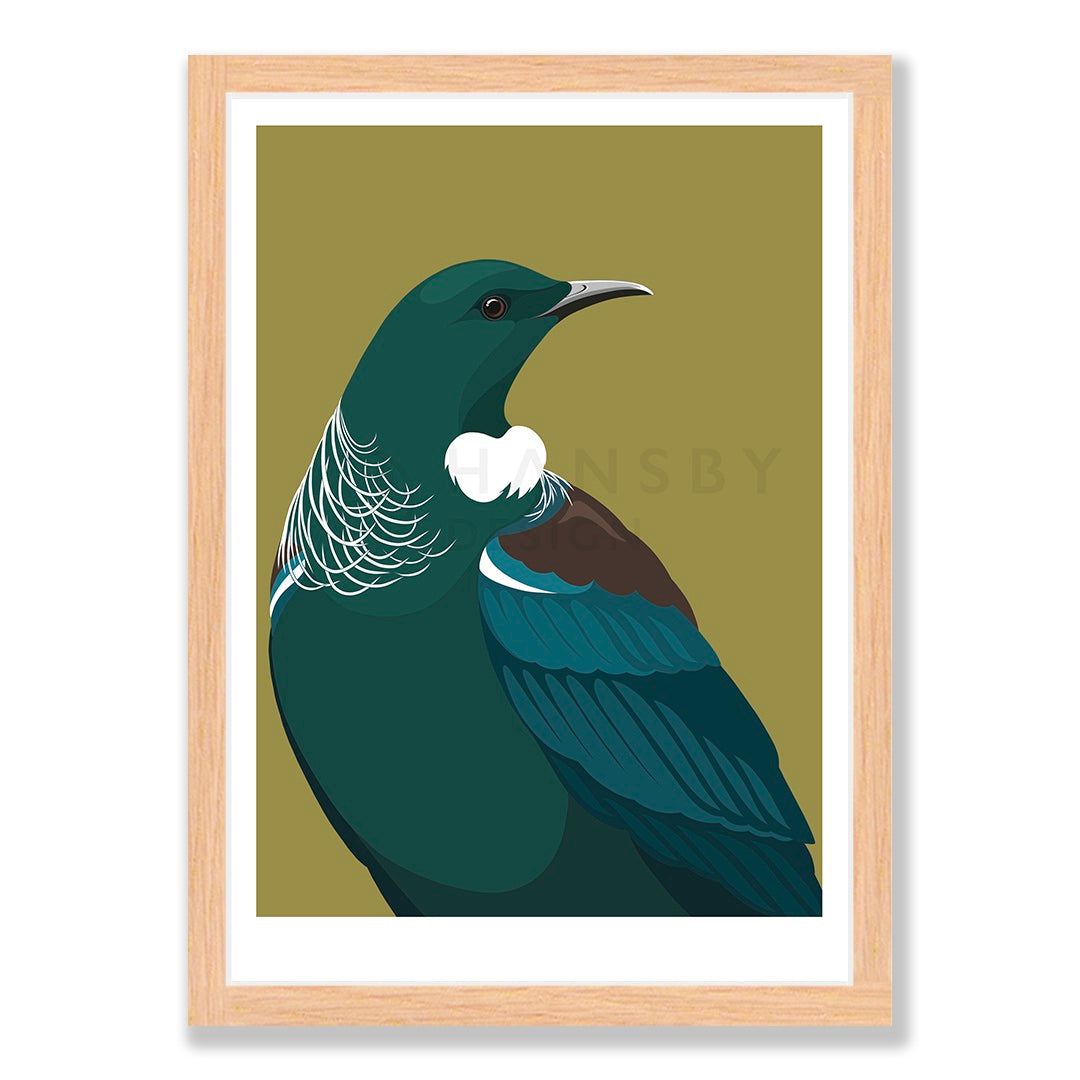 Tui Regal art print in natural frame, by NZ artist Hansby Design