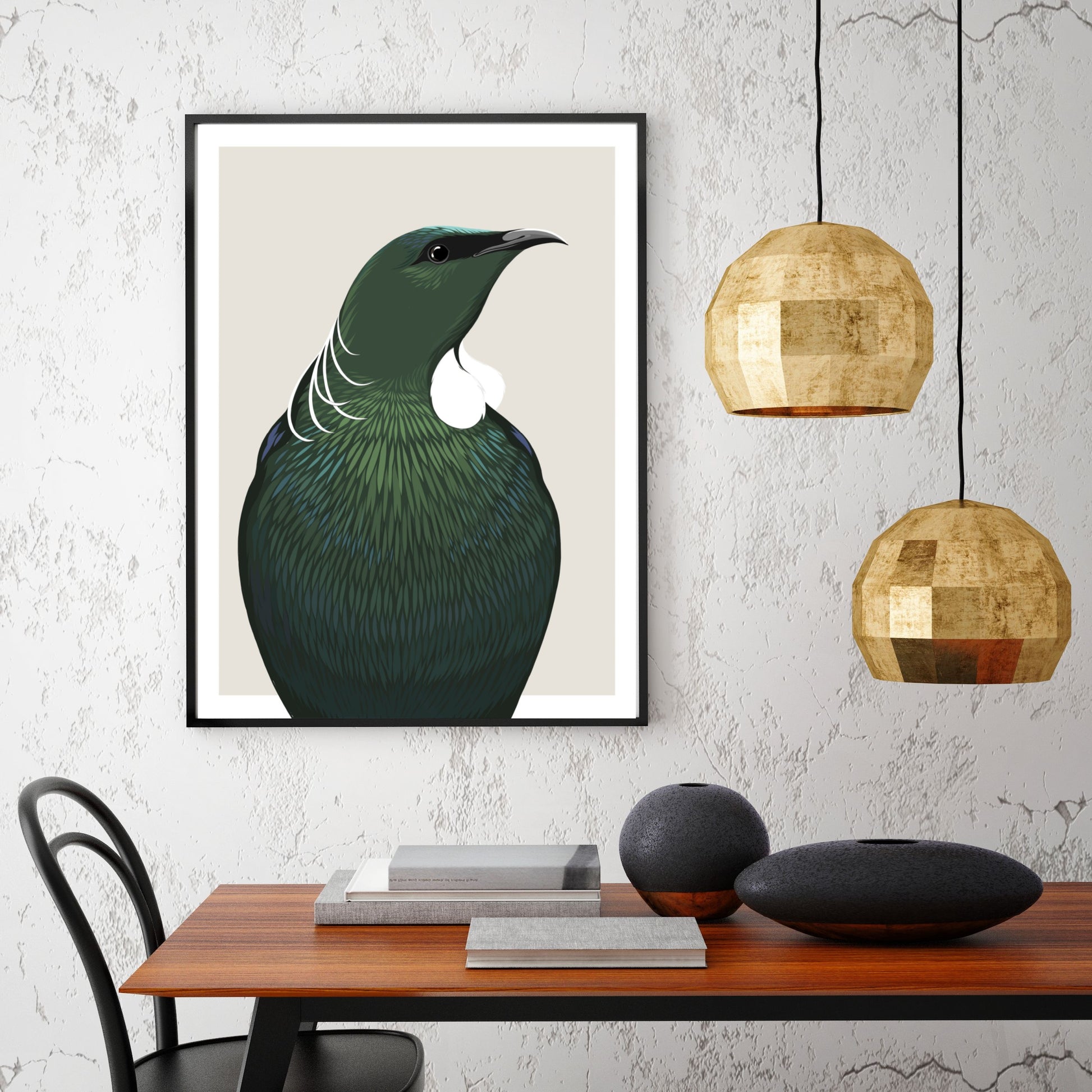 Black framed Tui pair art print by NZ artist Hansby Design, styled in the dining room