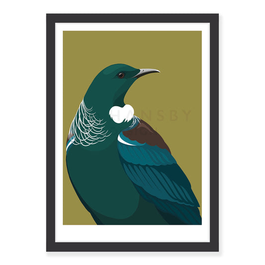 Tui Regal art print in black frame, by NZ artist Hansby Design