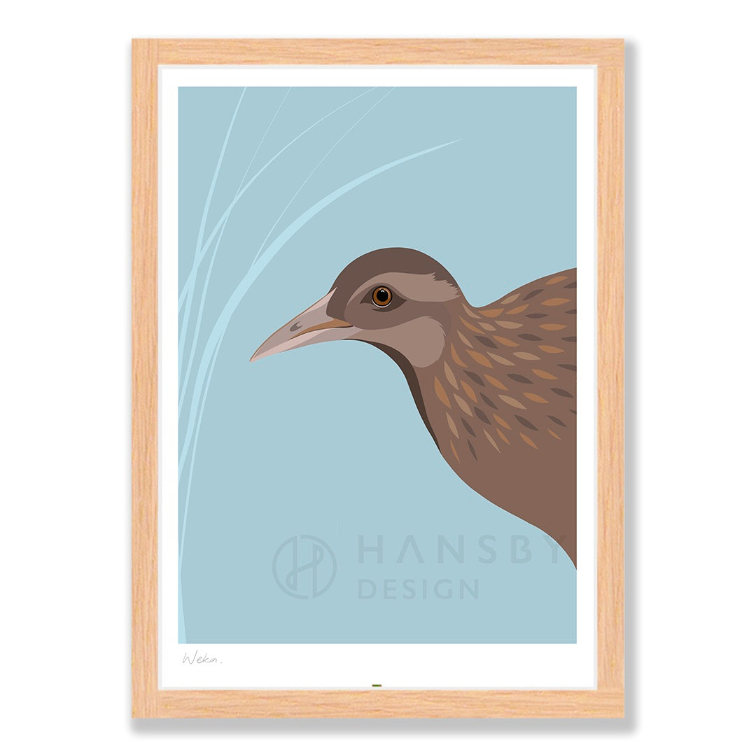 Weka bird art print in natural frame, by NZ artist Hansby Design