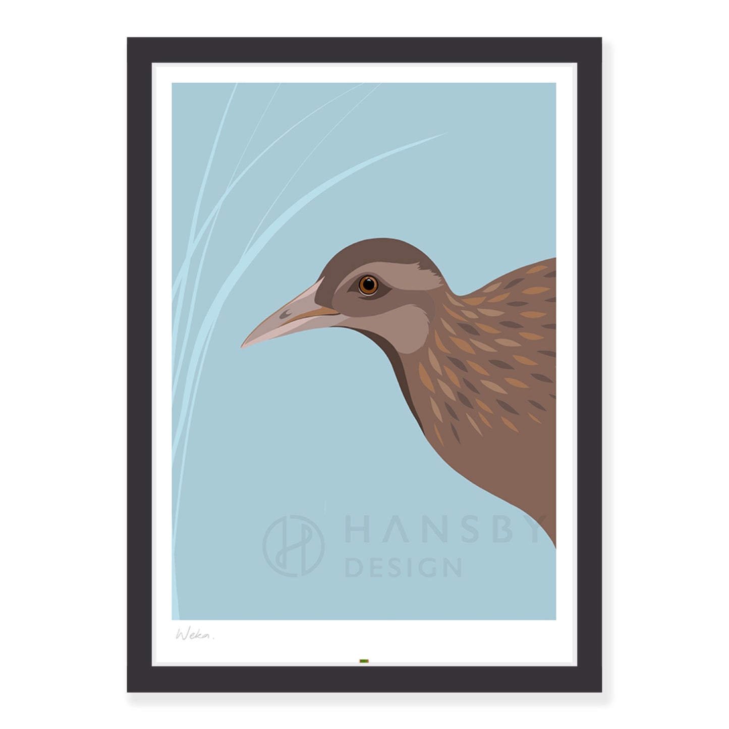 Weka bird art print in black frame, by NZ artist Hansby Design