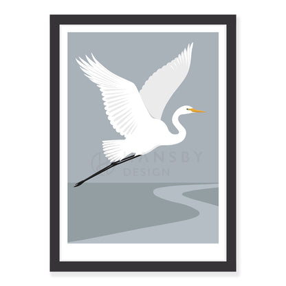White Heron - fog art print in black frame, by NZ artist Hansby Design