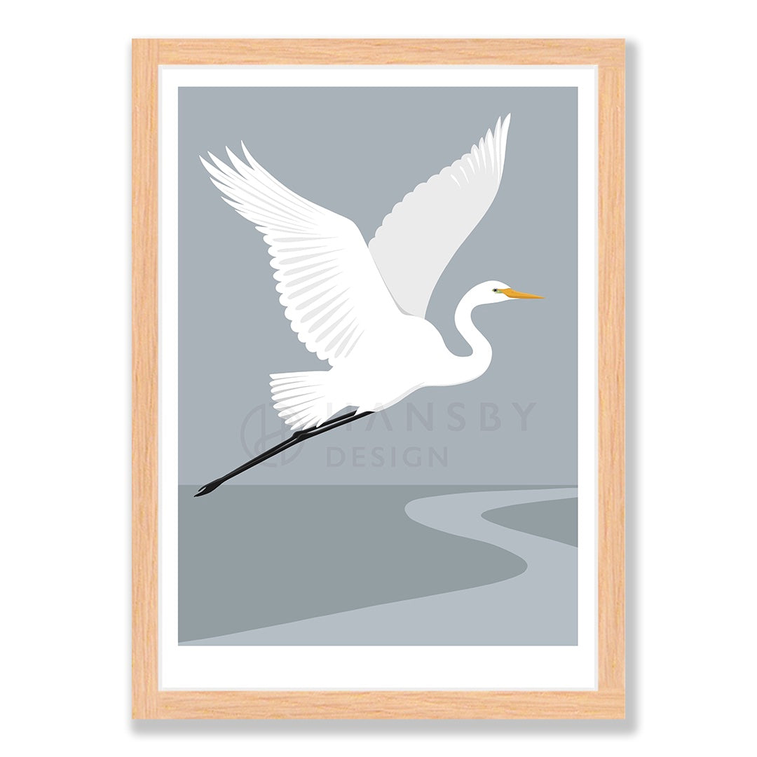 White Heron - fog art print in natural frame, by NZ artist Hansby Design