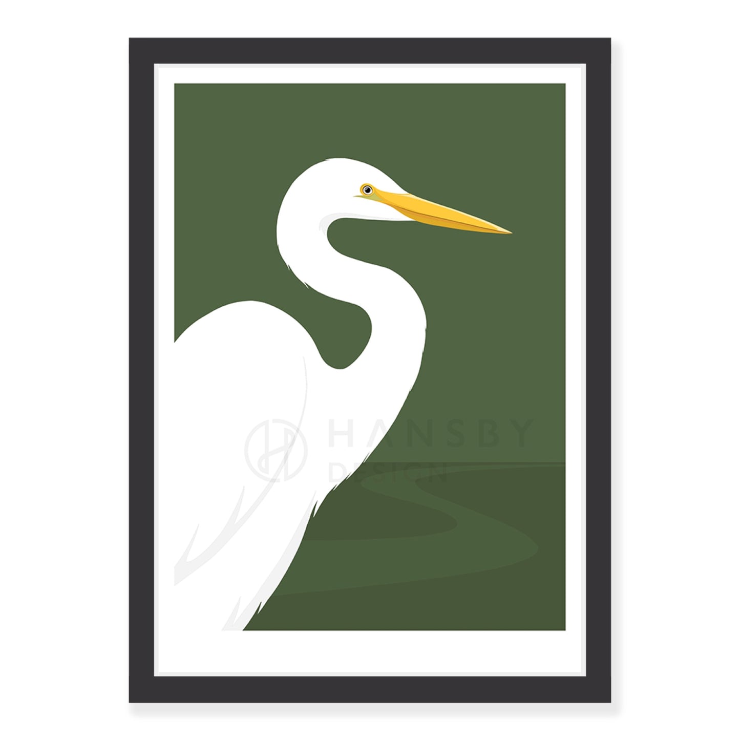 White Heron art print in black frame, by NZ artist Hansby Design