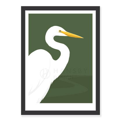 White Heron art print in black frame, by NZ artist Hansby Design