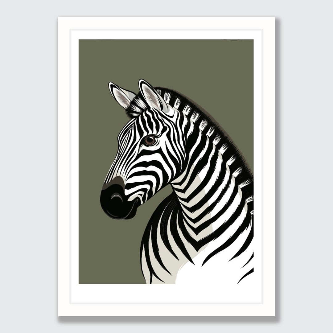 White framed art print of the Zebra with olive green background by NZ artist Hansby Design
