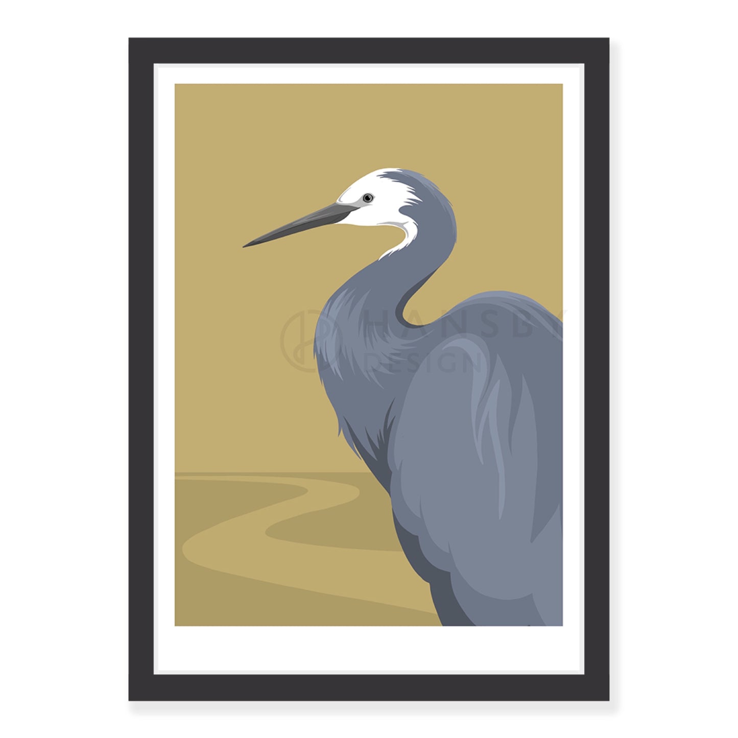 White Faced Heron art print in black frame, by NZ artist Hansby Design