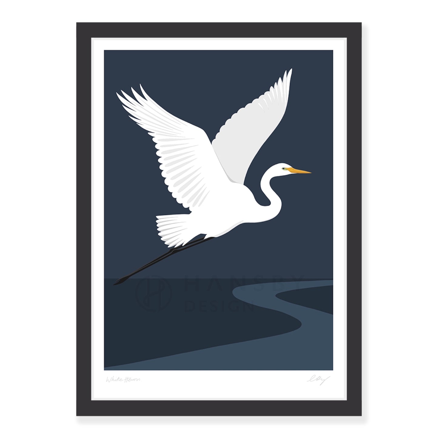 White Heron art print in black frame, by NZ artist Hansby Design
