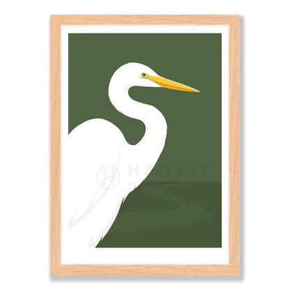 White Heron art print in natural frame, by NZ artist Hansby Design