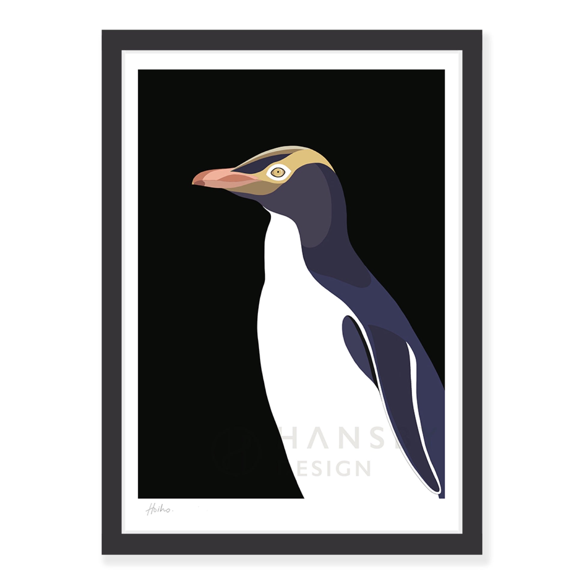 Yellow Eyed Penguin art print in black frame, by NZ artist Hansby Design