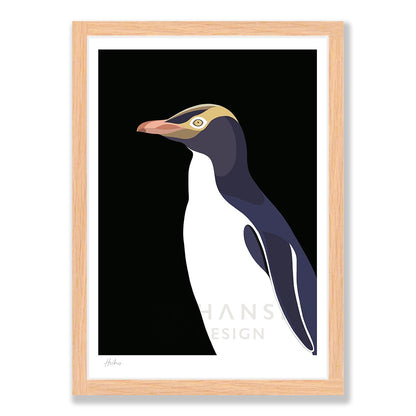 Yellow Eyed Penguin art print in natural frame, by NZ artist Hansby Design