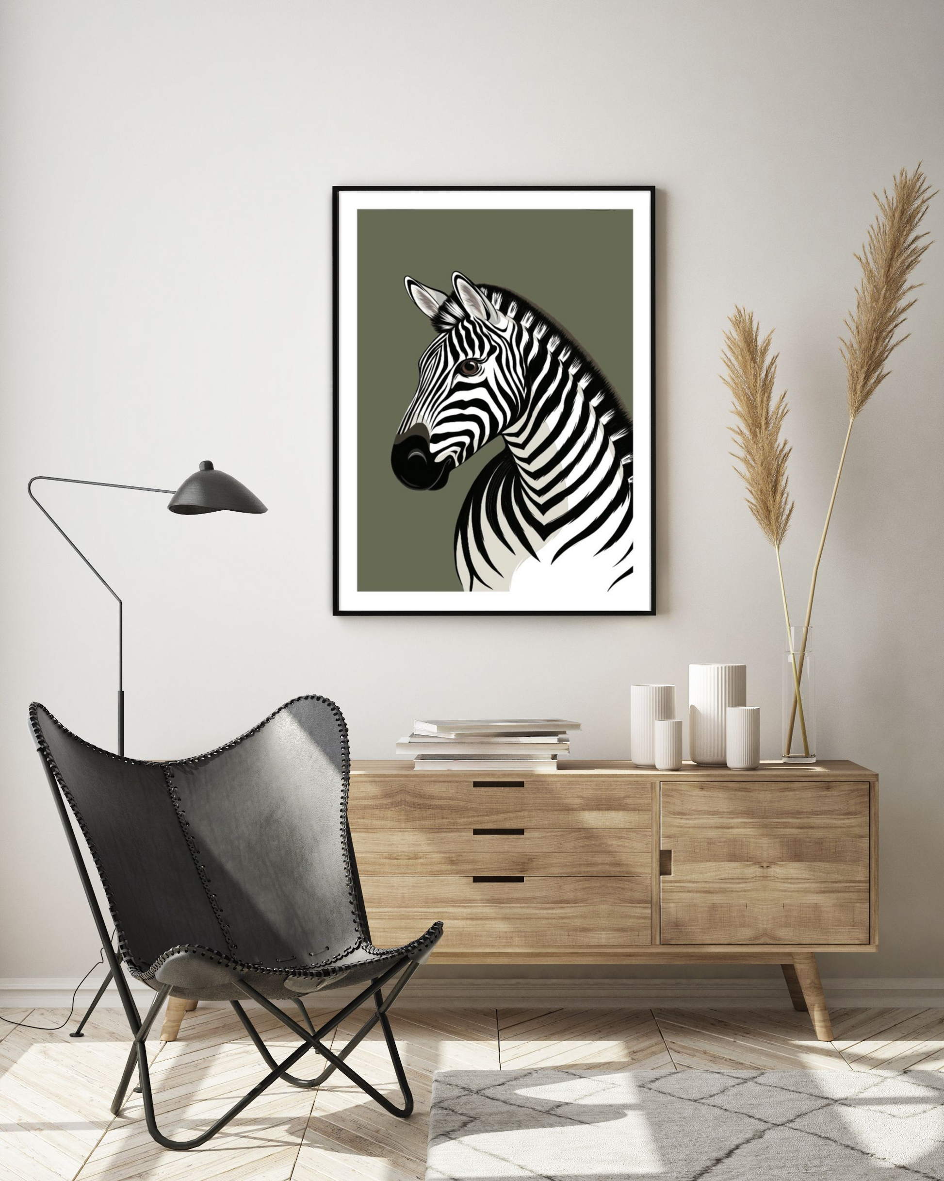 Art print of the Zebra art print in living room by Hansby Design New Zealand 