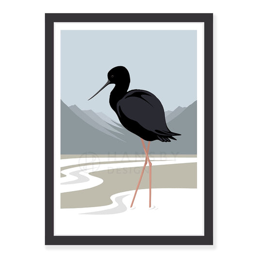 Black Stilt art print in black frame, by NZ artist Hansby Design