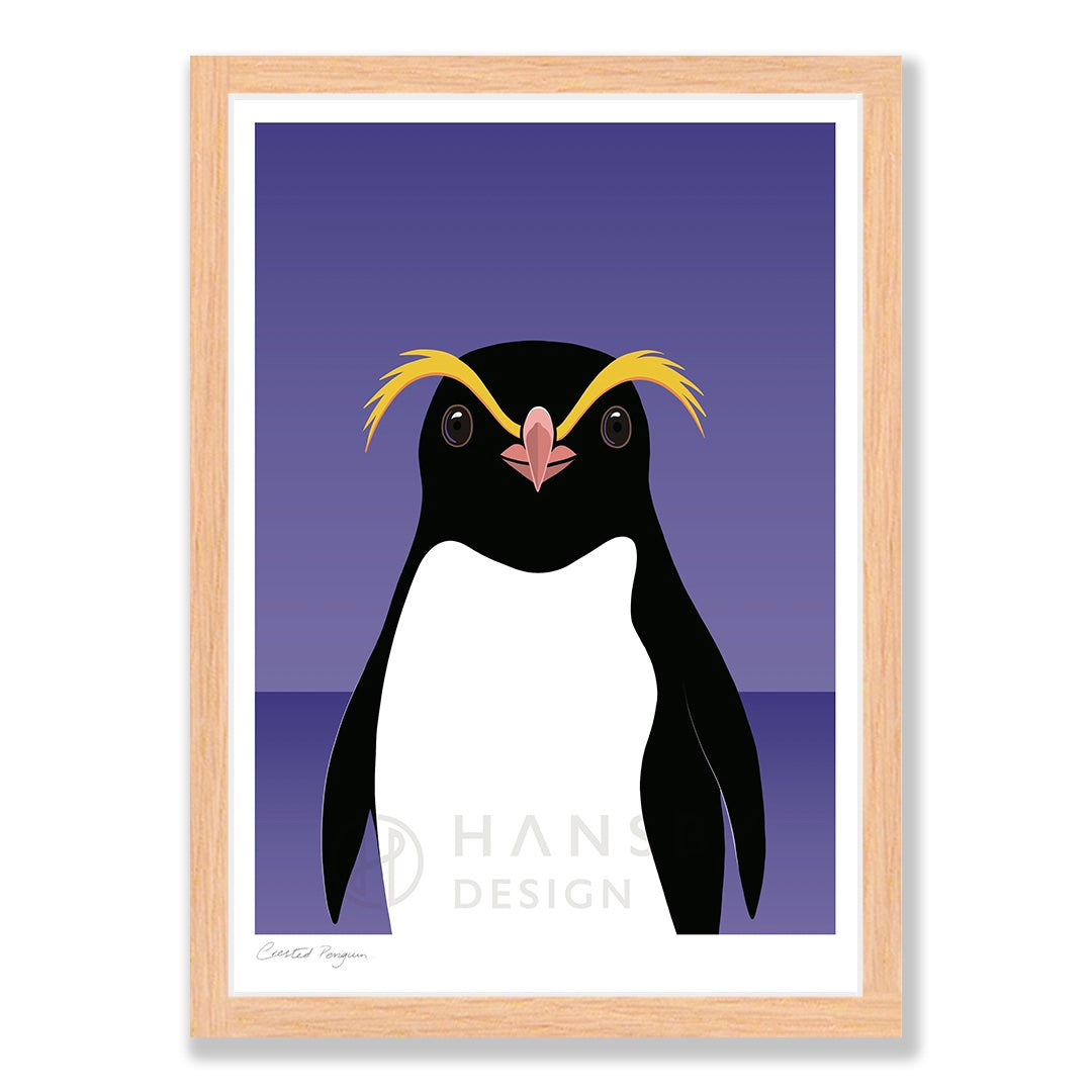 Crested Penguin art print in natural frame, by NZ artist Hansby Design