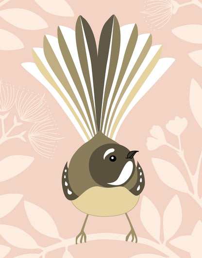 Closeup image of the Fantail Blush art print, by NZ artist Hansby Design